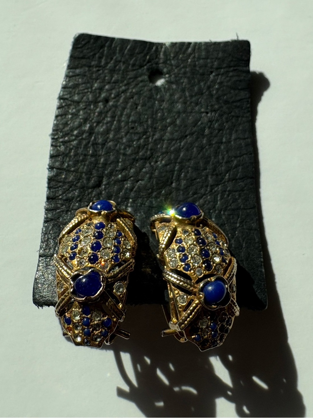 Vintage Gold Domed Sculptural Lapis Cabochon Rhinestone Diamond Stud Earrings - Picture 11 of 16